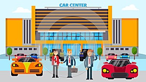 Car center vector illustration, different cars and people manager seller and buyers.