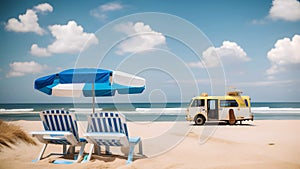 car, chair, unbralla in the beach with sand and nice blue sky