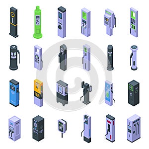 Car charger icons set isometric vector. Electric station