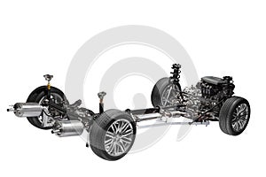 Car chassis with engine.