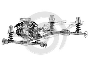 Car chassis and engine Design â€“ Blueprint - isolated