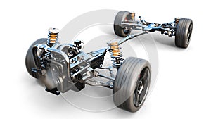 Car chassis with engine on white isolate. 3d rendering.