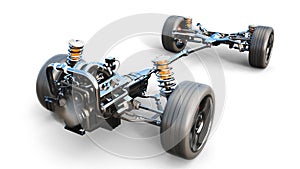 Car chassis with engine on white isolate. 3d rendering. photo