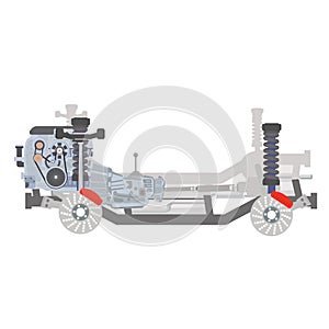 Car chassis with internal combustion engine and transmission systems on frame.