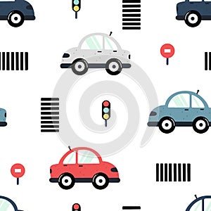 Car childish seamless pattern with traffic lights  crosswalks and colorful cars isolated on white background. Hand drawn vector