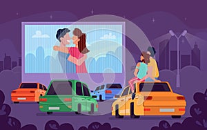 Car cinema romantic movie theater, couple embrace