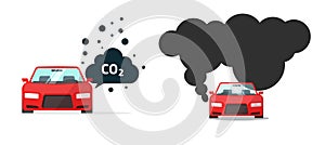 Car co2 exhaust emission icon vector or vehicle auto carbon dioxide gas smoke cloud pollution flat cartoon illustration, concept