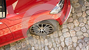 Car cobblestone detail aerial view