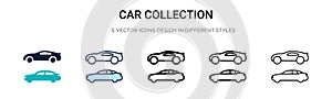 Car collection icon in filled, thin line, outline and stroke style. Vector illustration of two colored and black car collection