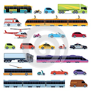 Car collection. Vehicles city transportation. Cars helicopter tram bus taxi police convertible scooter motorcycle smart