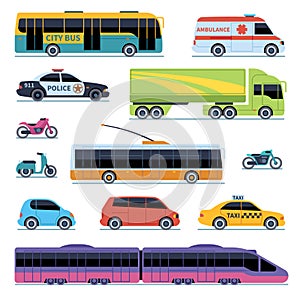 Car collection. Vehicles city transportation. Cars, scooters motorcycle. Side view urban auto isolated vector set