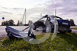 Car after a collision with a heavy truck