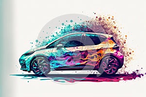 a car with a colorful paint splattered on it\'s side and a white background with a blue, red, yellow,