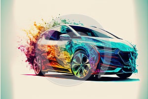 a car with a colorful paint splattered on it\'s side and a white background with a blue sky and a red