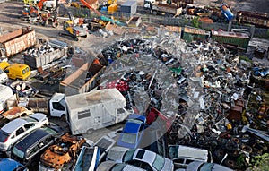 Car compound for scrap metal recycling viewed from above