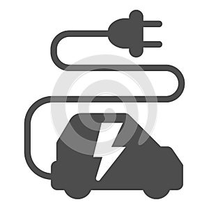 Car and cord with plug solid icon, electric car concept, ecological transport sign on white background, electric eco car