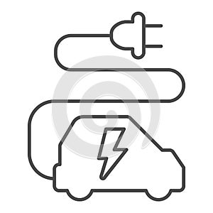 Car and cord with plug thin line icon, electric car concept, ecological transport sign on white background, electric eco
