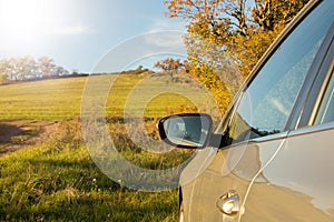 Car on the country road surrounded by nature.