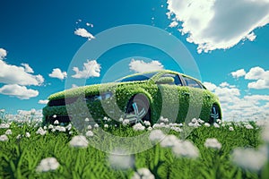 Car covered in gras and flowers in the green field. Ecology and renewable energy concept. Generative Ai illustration