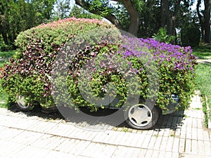 Car covered with green and flowers