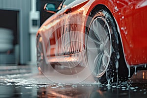 Car covered with soap and foam during carwash in a garage