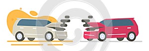 Car crash accident icon vector graphic illustration set, two auto vehicles damage broken down flat cartoon 3d design, automobile