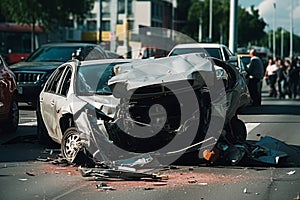 Car crash accident on main street. Damaged automobiles after collision in city with people in background