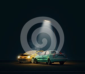A car crash accident at night.Concept for insurance.3d rendering