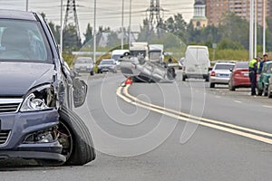 Car crash accident on the road in the big city selective focus