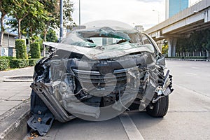 Car crash accident on the road, damaged automobiles after collision in city