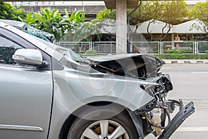 Car crash accident on the road, damaged automobiles after collision in city