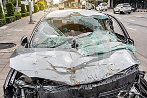 Car crash accident on the road, damaged automobiles after collision in city