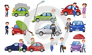 Car crash and accident set, car insurance cartoon vector Illustration