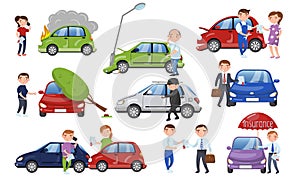 Car crash and accident set, car insurance cartoon vector Illustration