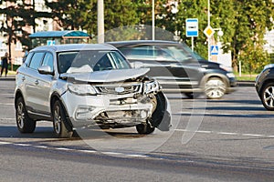 Car crash accident on street. damaged automobiles