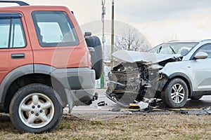 Car crash accident on street. damaged automobiles