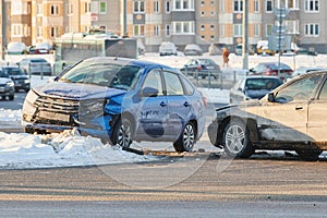 car crash accident on street. damaged automobiles