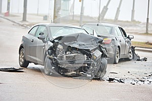 Car crash accident on street, damaged automobiles after collision in city