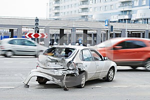 Car crash accident on street, damaged automobiles after collision in city