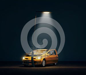 A car crash accident into street light at night.Concept for insurance.3d rendering