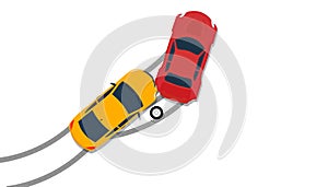 Car crash accident top view vector insurance illustration. Down broken claim automobile isolated icon. Flat driving street hit