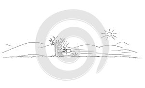 Car Crash Accident into Tree, Driver Hit the Only Tree in Empty Desert, Vector Cartoon Stick Figure Illustration