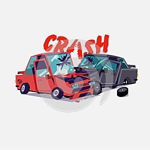 Car crash. accident with two damaged autos. typographic design