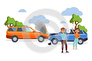 Car crash accident vector illustration with people cartoon characters having conflict because of vehicle collision.