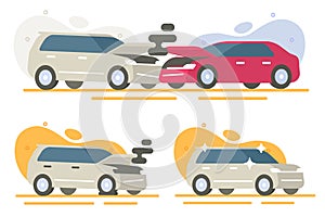 Car crash accident vector, two auto vehicles collision damaged graphic illustration, broken old and new automobiles yellow red,