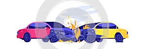 Car crash. Automobiles in fire. Isolated damaged transport, broken autos. Cartoon road accident vector illustration