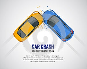 Car crash, car accident top view isolated on a light background. Car crash emergency disaster. Flat vector illustration.