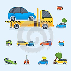 Car crash collision traffic insurance safety automobile emergency disaster and emergency repair transport vector