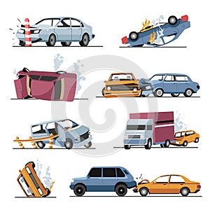 Car crash and damaged vehicles, road accident collision