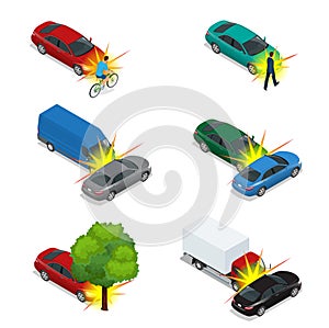 Car crash, emergency disaster. Auto accident involving car crash city street. Flat 3d vector isometric illustration